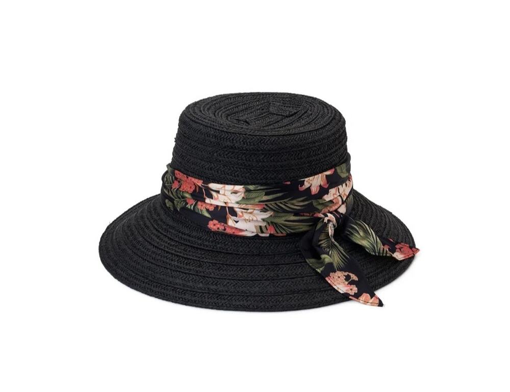 NWT Time and Tru Black Straw Cloche Fedora Sun Hat Cap Women's One Size